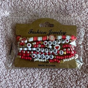Valentine Beaded Bracelet Stack - Red White Gold